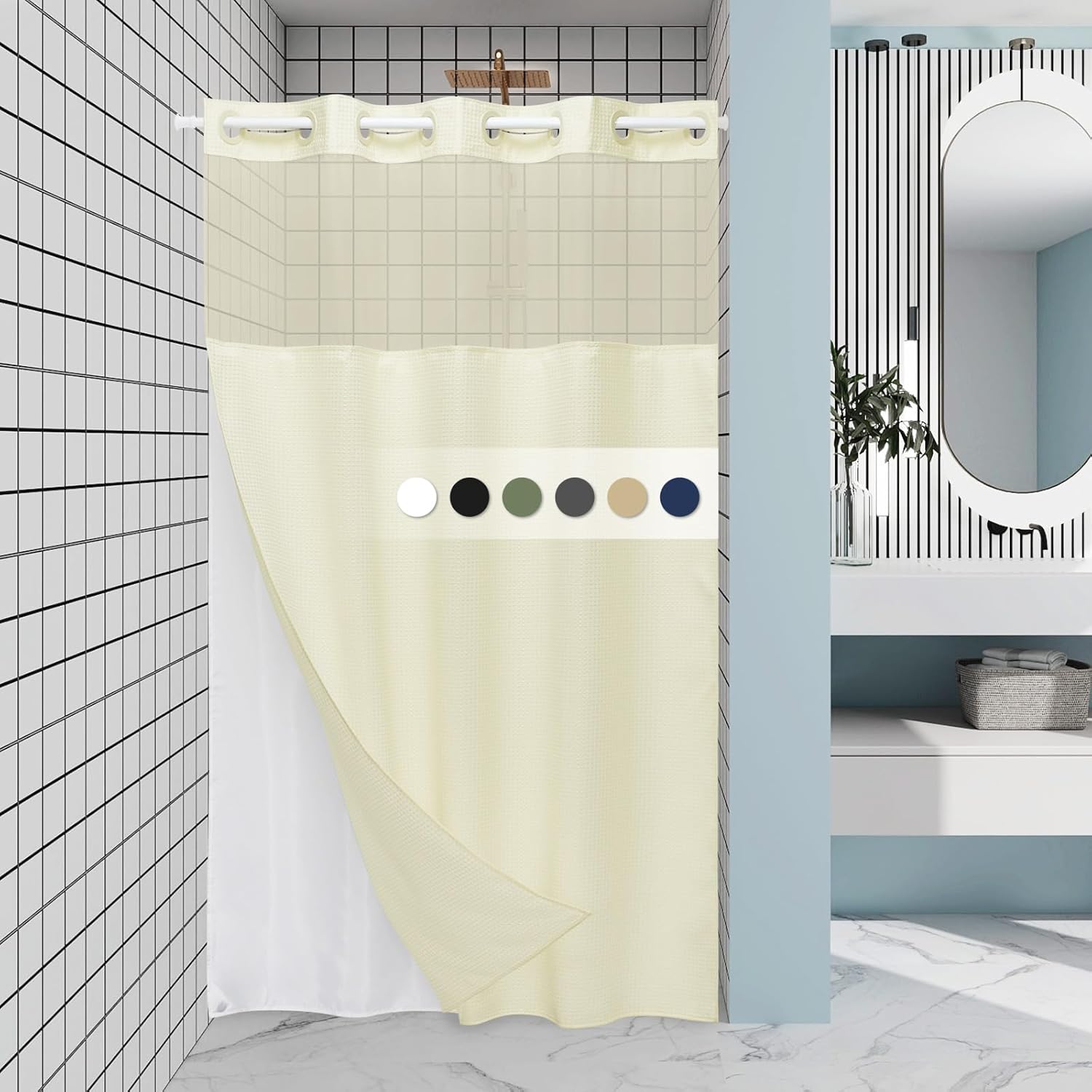 Grey Shower Curtain and Liner Set - 230GSM Waffle Weave Textured Heavy Duty,Hotel Luxury Weighted Bath Curtain,71W x 74H