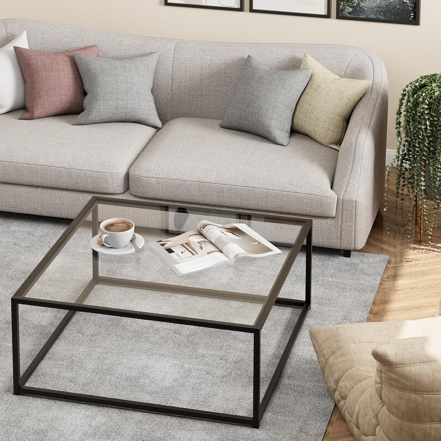 Black Glass Coffee Table for Living Room,Square Coffee Tables for Small Spaces,Simple Tea Cocktail Modern Center Tables, Living Room Tables,Easy Assembly,26 * 26in（Black & Clear Glass）