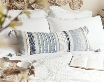 BlissBlush Coastal Blue Decorative Lumbar Pillow Cover 14x36 Boho Long Body Pillow for Bed Farmhouse Lumbar Throw Pillow for Couch Modern Accent Textured Throw Pillowcase