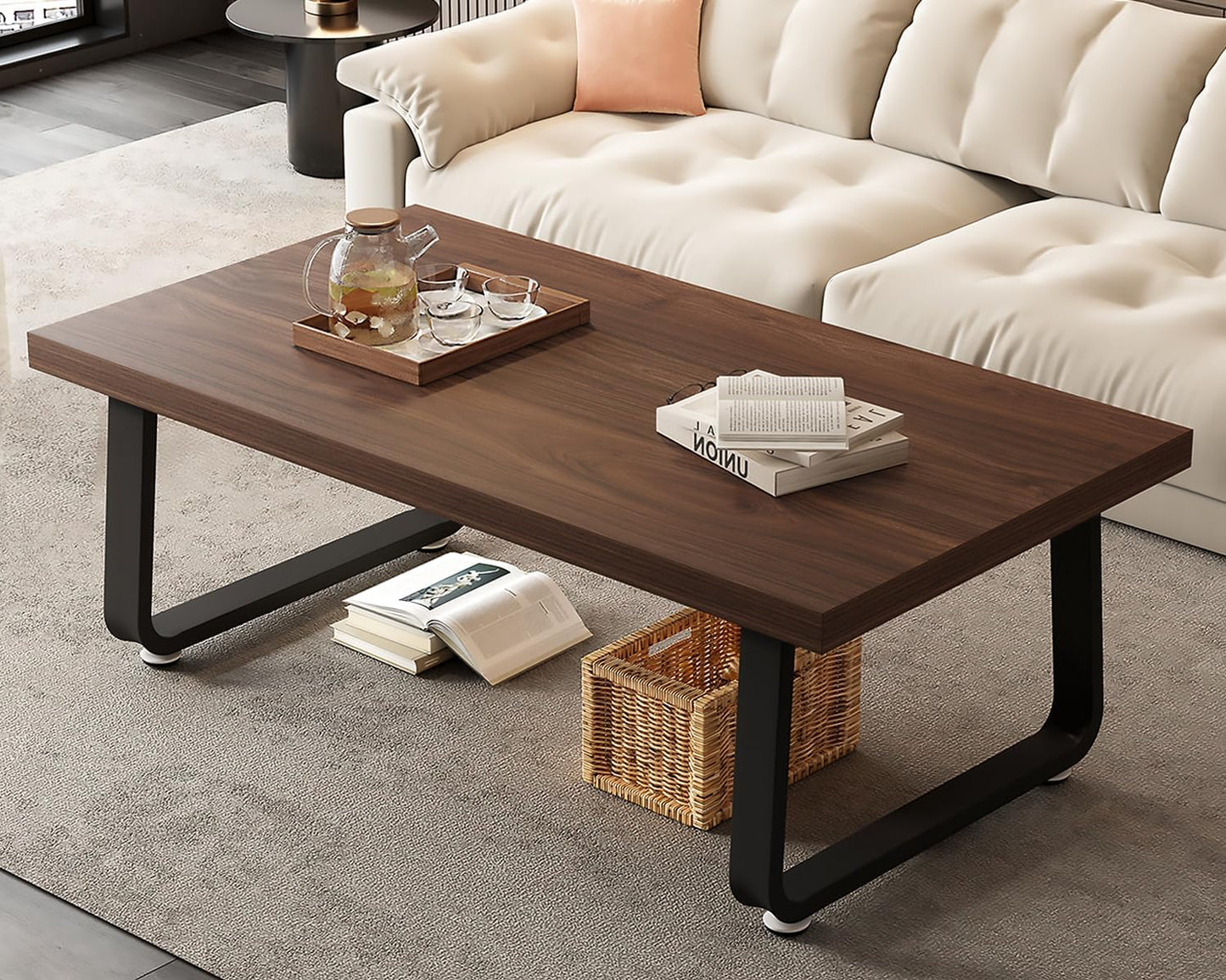 HSH Rustic Walnut Coffee Table, Modern Center Table, Rectangle Industrial Living Room Coffee Table, Simple Farmhouse Wood and Metal Tea Table for Home Bedroom Office, Walnut, 47 in