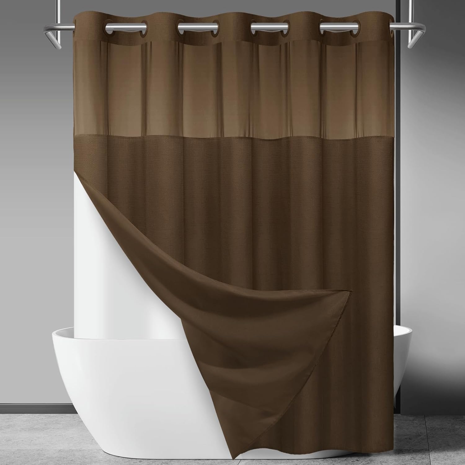 No Hook Slub Textured Shower Curtain with Snap in Liner - Black Fabric Outer Curtain & Waterproof Inner Liner, Hotel Style with See Through Top Window, 71x74 in