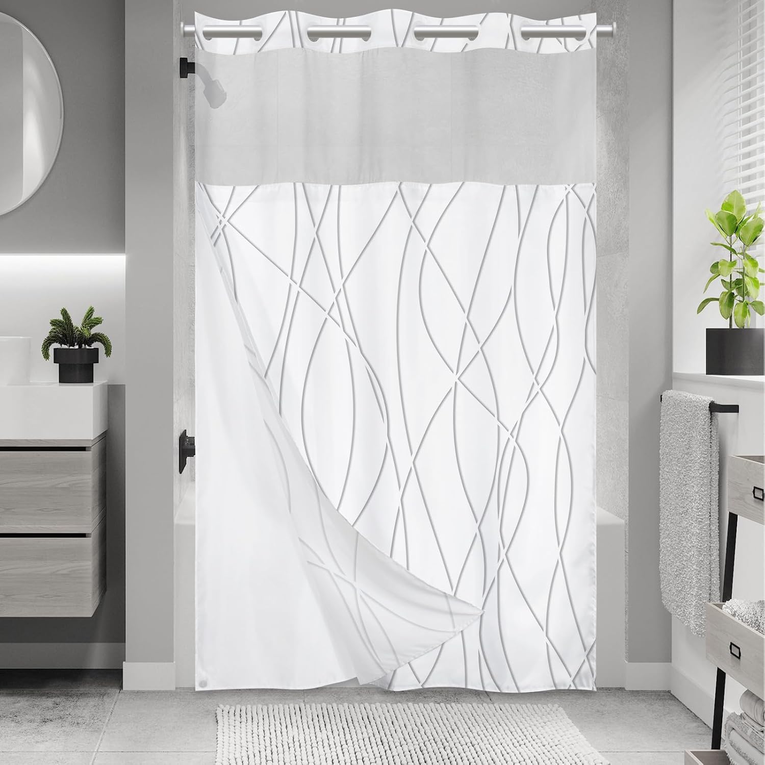 No Hook Grey White Striped Shower Curtain with Snap in Fabric Liner Set - Hotel Liner Set with See Through Mesh Top Window,Machine Washable, 71x74 INCH