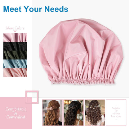 Shower Cap for Women, Double Layer Waterproof Bath Cap, Reusable Hair Protector, Large Waterproof Shower Bonnet Washable Elastic Band Bath Hair Hat for Long Hair, Braids， - Pink