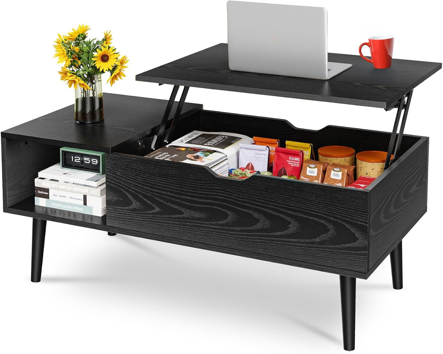 OLIXIS Wood Lift Top Coffee Table with Hidden Compartment and Large Storage Shelf, Lift Tabletop Dining Center Table for Home Living Room Office, Black
