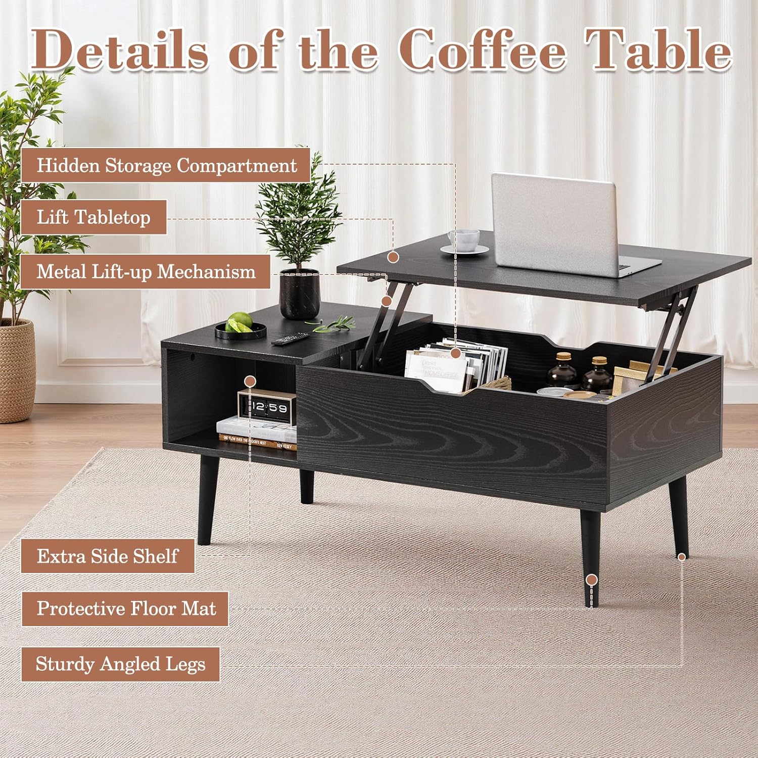 OLIXIS Wood Lift Top Coffee Table with Hidden Compartment and Large Storage Shelf, Lift Tabletop Dining Center Table for Home Living Room Office, Black