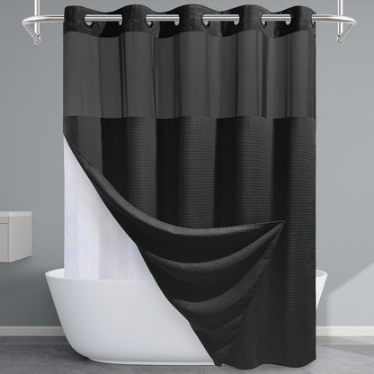 Grey Shower Curtain and Liner Set - 230GSM Waffle Weave Textured Heavy Duty,Hotel Luxury Weighted Bath Curtain,71W x 74H