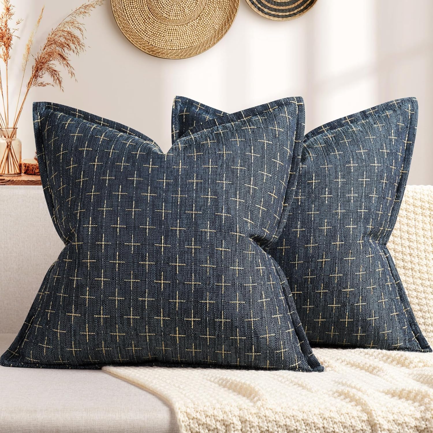 ZWJD Pillow Covers 18x18 Set of 2 Soft Polyester Textured Pillow Covers with Stylish Flange Edge Cozy Farmhouse Throw Pillows for Couch Bed Sofa Living Room