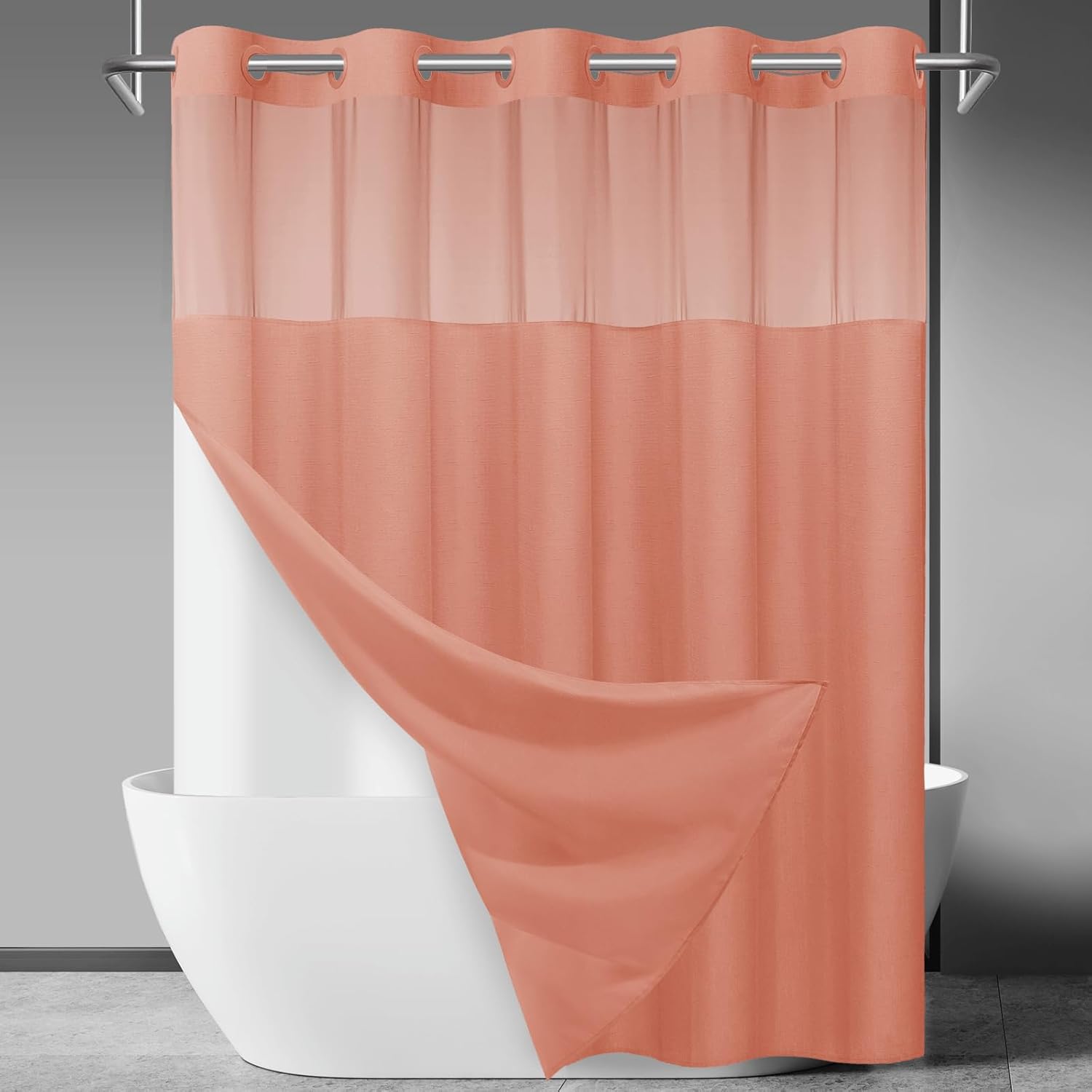 No Hook Slub Textured Shower Curtain with Snap in Liner - Black Fabric Outer Curtain & Waterproof Inner Liner, Hotel Style with See Through Top Window, 71x74 in