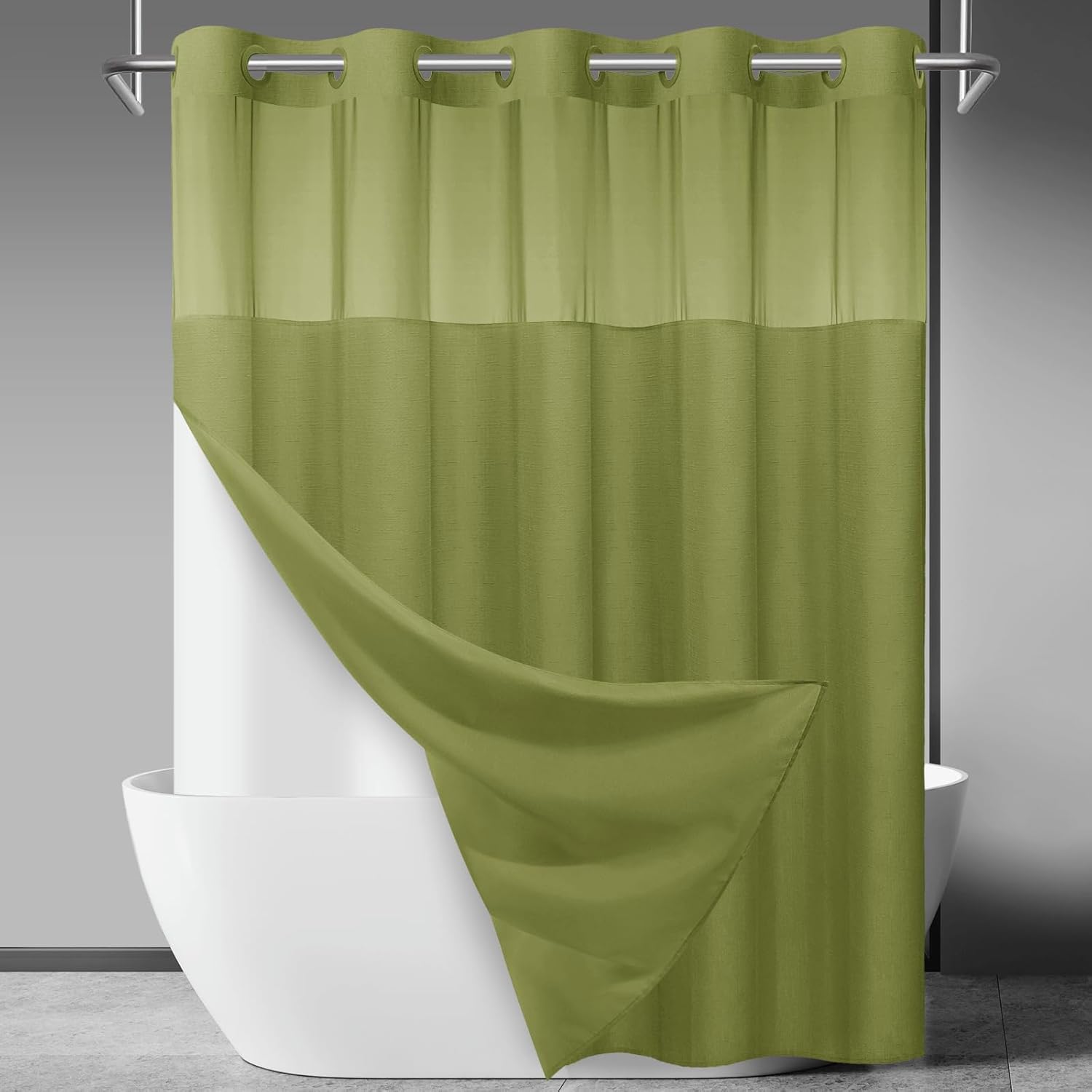 No Hook Slub Textured Shower Curtain with Snap in Liner - Black Fabric Outer Curtain & Waterproof Inner Liner, Hotel Style with See Through Top Window, 71x74 in