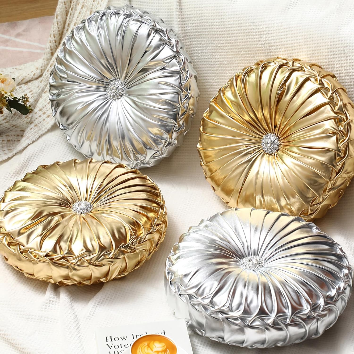 Kathfly Set of 4 Decorative Round Pleated Throw Pillows, Classy Velvet Pumpkin Round Throw Pillows, Decorative Floor Pillow for Bed Chair Home Sofa Decor, 14" Diameter(Colorful)