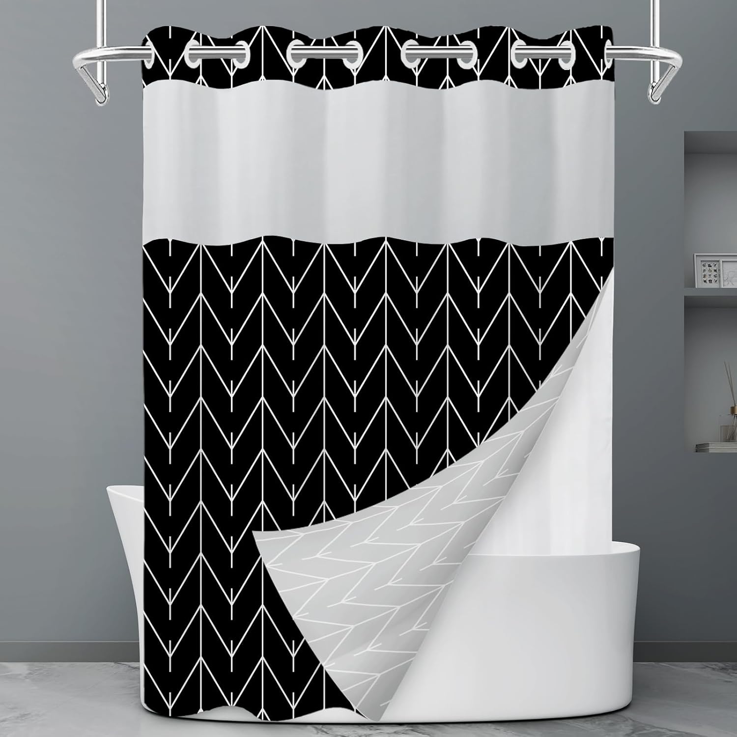 No Hook Grey White Striped Shower Curtain with Snap in Fabric Liner Set - Hotel Liner Set with See Through Mesh Top Window,Machine Washable, 71x74 INCH