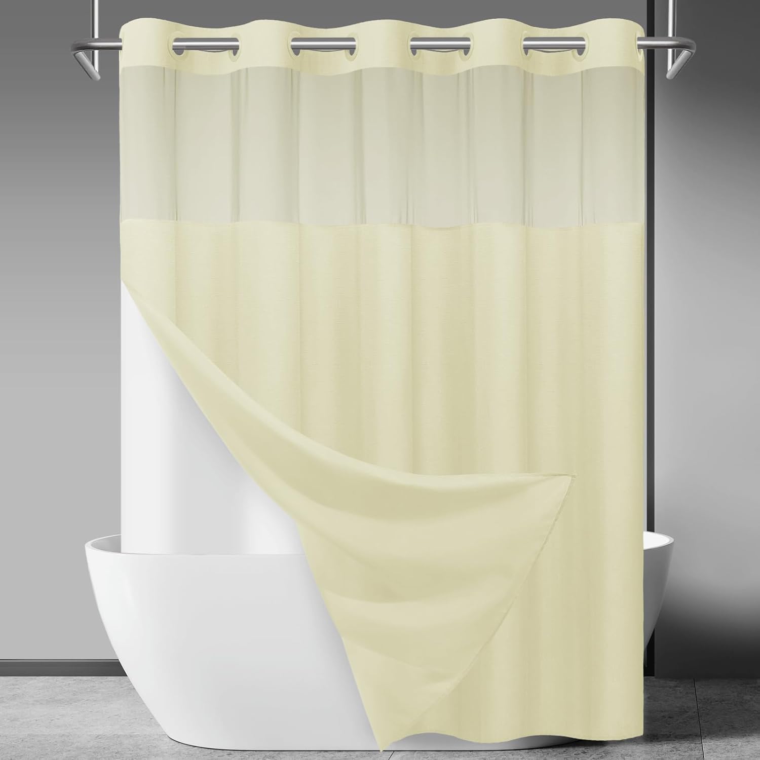 No Hook Slub Textured Shower Curtain with Snap in Liner - Black Fabric Outer Curtain & Waterproof Inner Liner, Hotel Style with See Through Top Window, 71x74 in